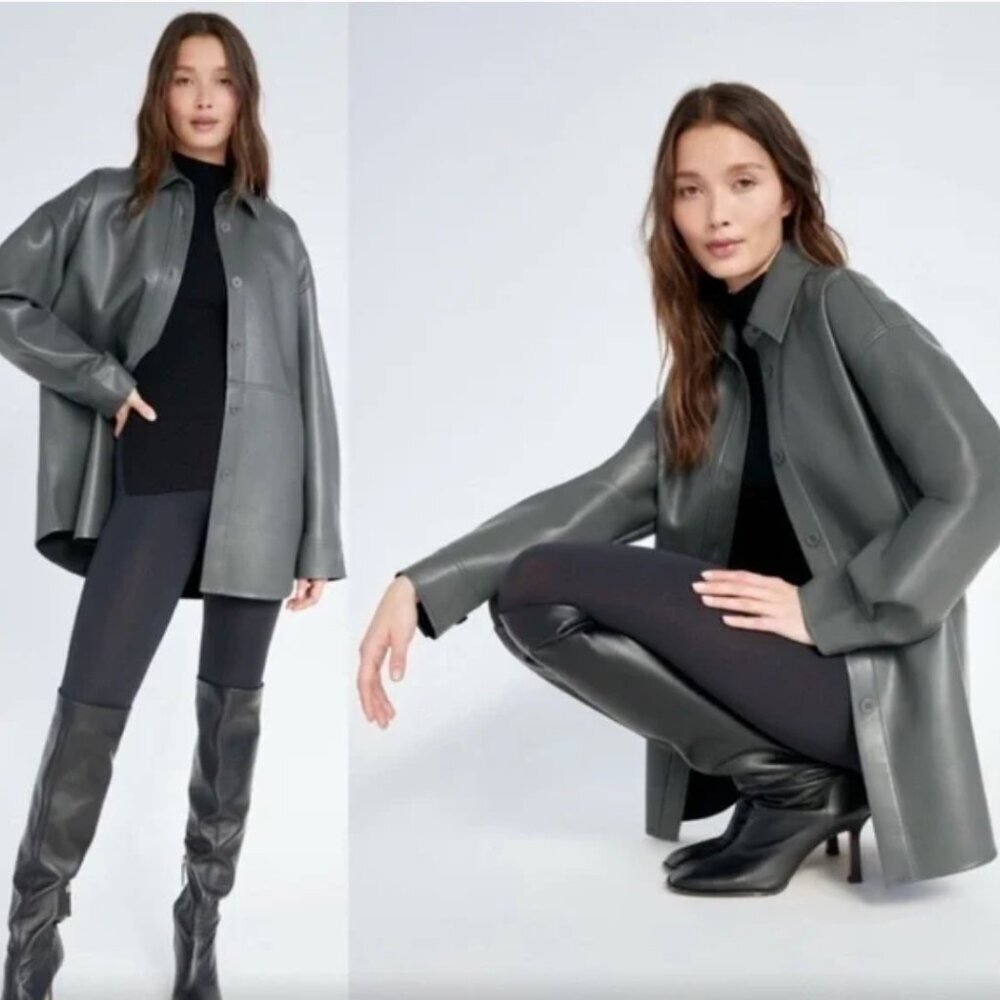 Aritzia Green Faux-Leather Button-Down Shirt